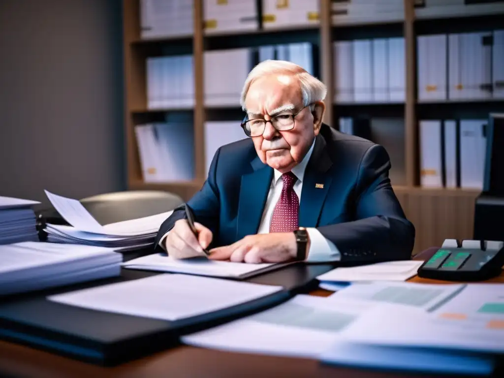 Una imagen de Warren Buffet concentrado en su escritorio, rodeado de informes financieros