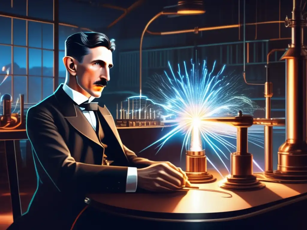 En la imagen, Nikola Tesla aparece concentrado en su laboratorio, rodeado de equipo eléctrico futurista, con chispas visibles entre las máquinas