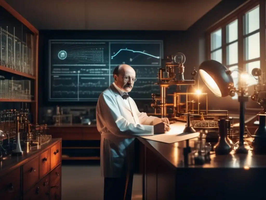En la imagen, Max Planck se encuentra concentrado en su laboratorio, rodeado de instrumentos científicos y ecuaciones