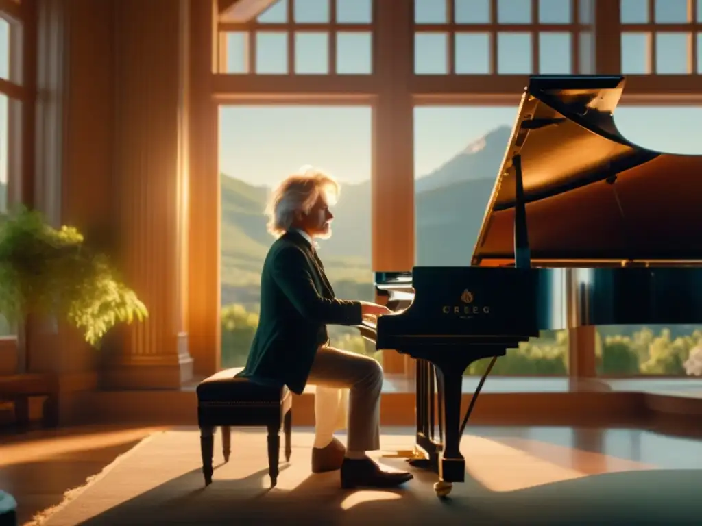En la imagen, vemos a Edvard Grieg concentrado en componer al piano en una habitación soleada rodeada de naturaleza