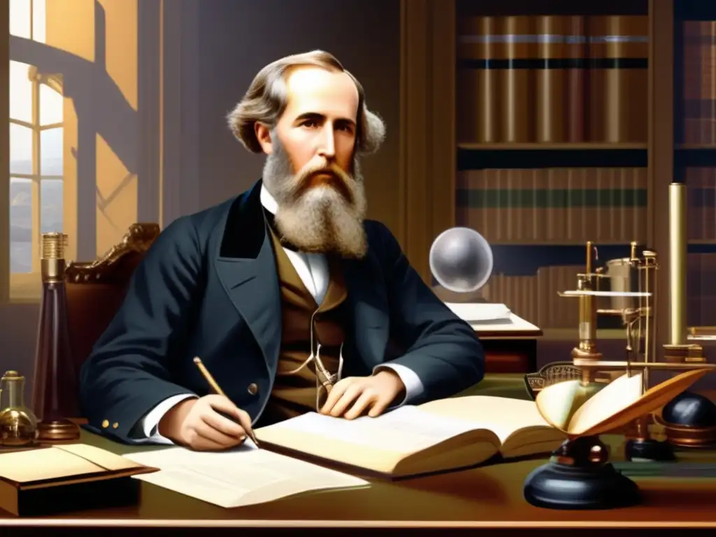 En la imagen, James Clerk Maxwell se encuentra concentrado en su trabajo, rodeado de instrumentos científicos y papeles