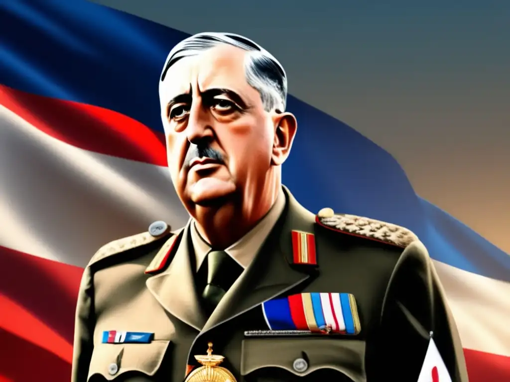 La imagen muestra a Charles de Gaulle condecorado, firme y decidido, simbolizando su liderazgo en la Francia Libre durante la Segunda Guerra Mundial
