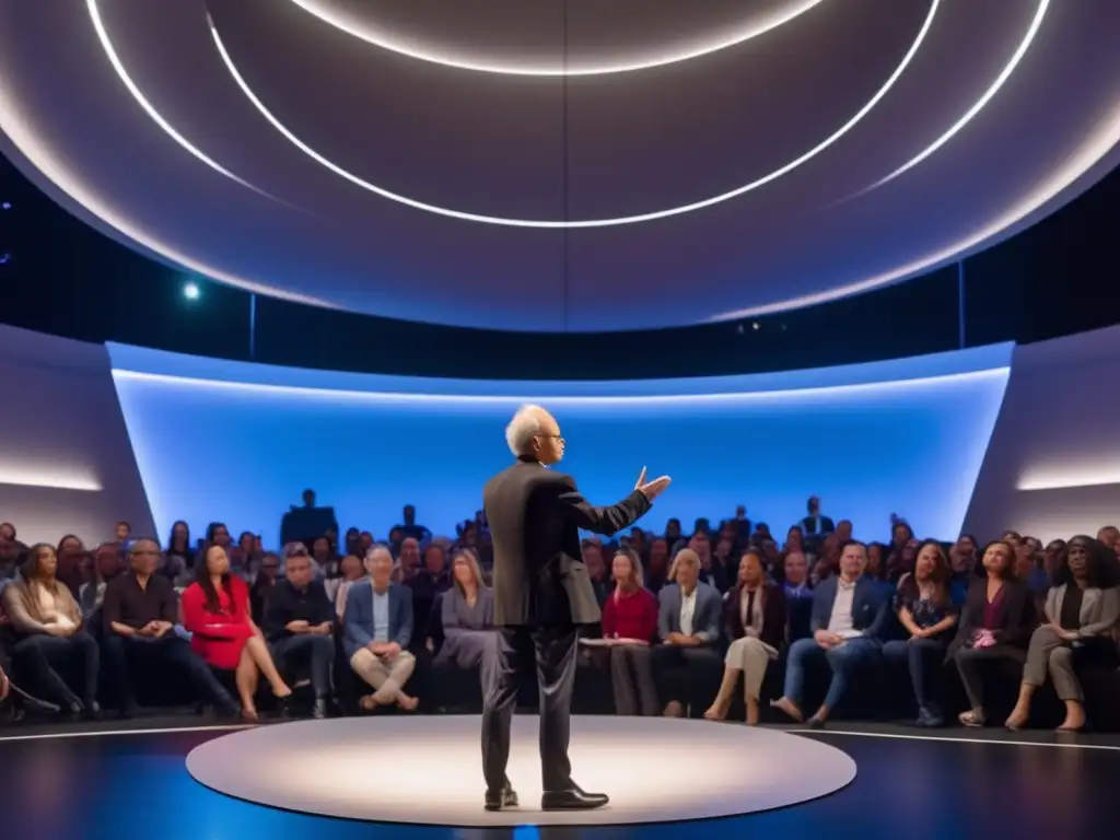 La imagen muestra a Peter Singer dando una conferencia sobre ética práctica, con una audiencia comprometida