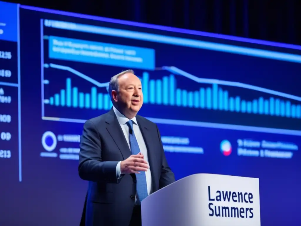 La imagen muestra a Lawrence Summers dando una conferencia sobre el crecimiento económico en un foro prestigioso, con una audiencia diversa y gráficos económicos en pantalla