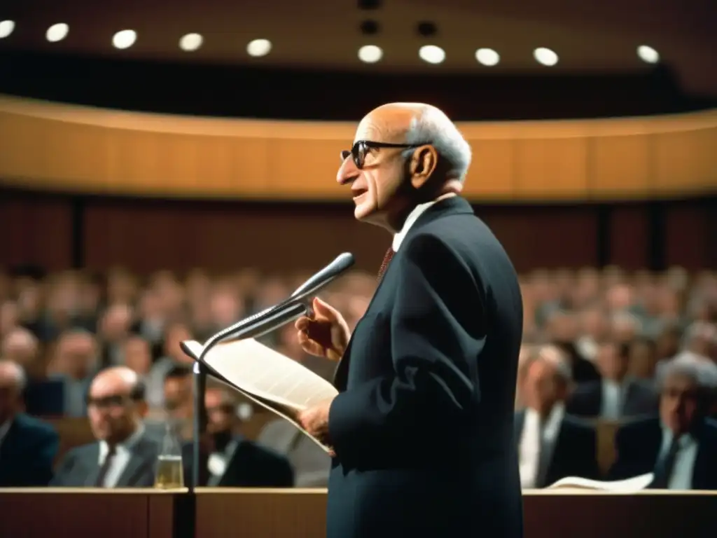 En la imagen, Milton Friedman da una conferencia durante la crisis del petróleo, con una audiencia atenta y reflexiva