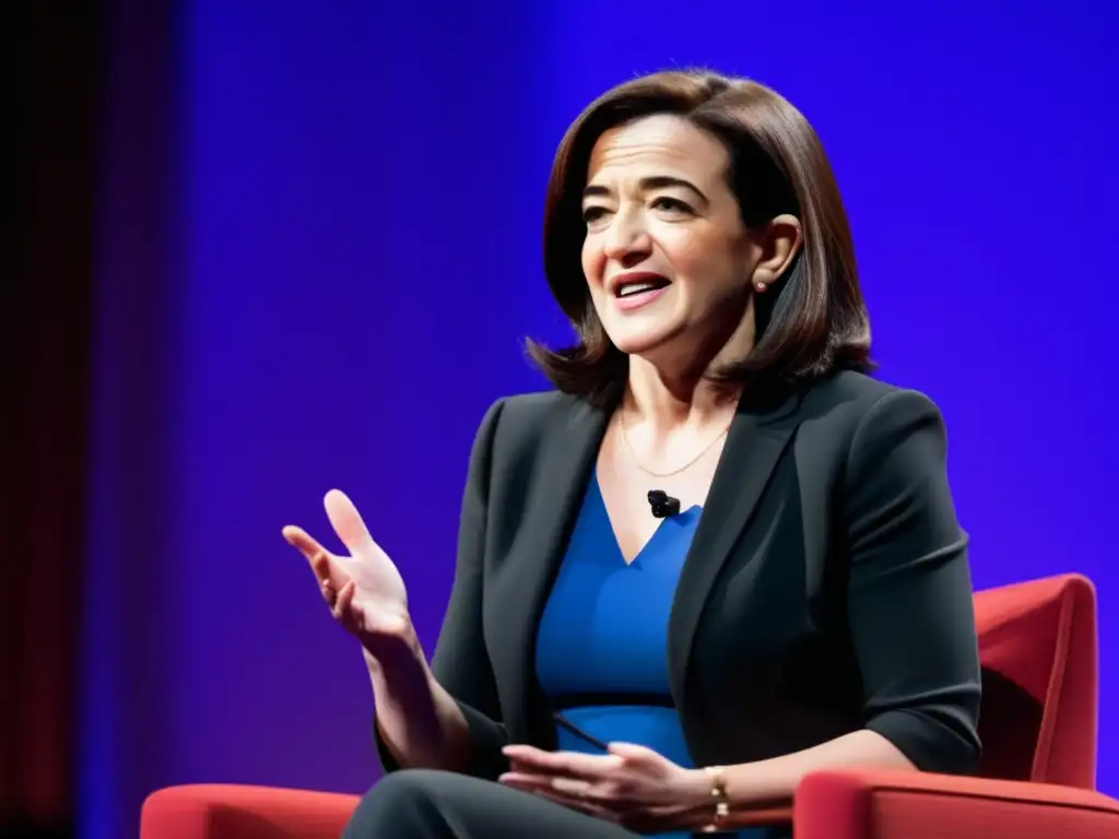Una imagen de alta resolución de Sheryl Sandberg hablando en una conferencia, proyectando liderazgo y autoridad