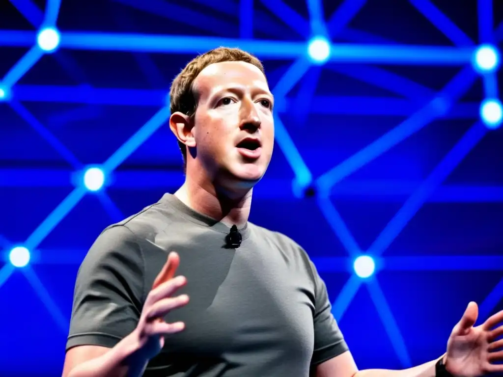En la imagen, Mark Zuckerberg habla en una conferencia de tecnología, rodeado de una red futurista y conectada