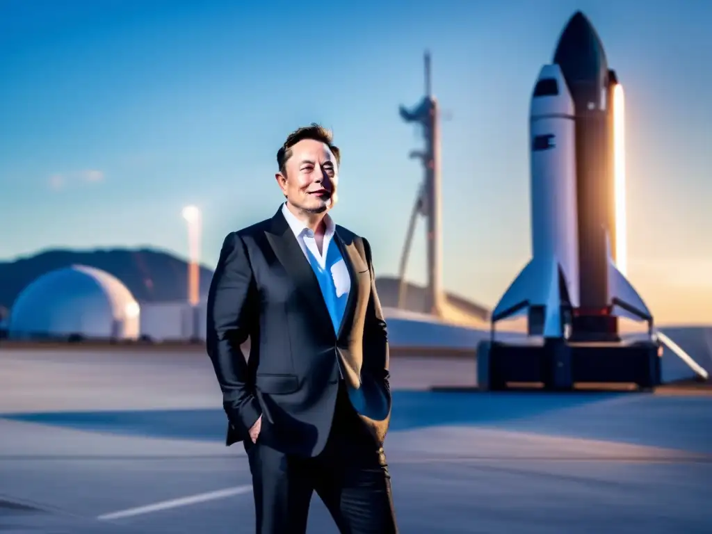 En la imagen, Elon Musk posa con confianza frente a un cohete de SpaceX, simbolizando su liderazgo e innovación en la industria aeroespacial
