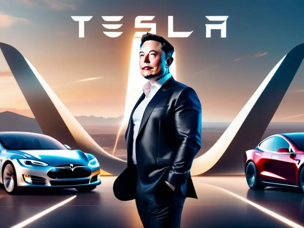 En la imagen, Elon Musk irradia confianza y visión frente a los logotipos de Tesla y SpaceX, bañado en una cálida luz dorada