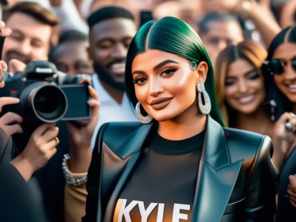 En la imagen, Kylie Jenner irradia confianza y liderazgo en un evento glamoroso, rodeada de fans y fotógrafos