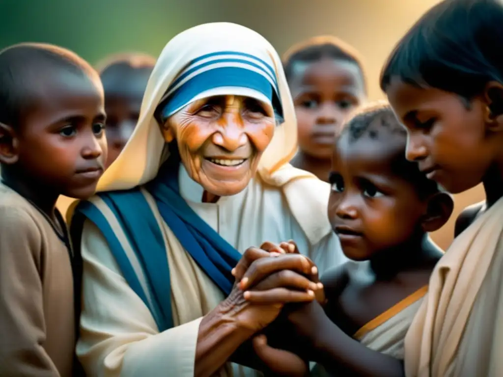 -La compasión de Madre Teresa: Luz de esperanza- - Una imagen conmovedora de Santa Teresa de Calcuta sosteniendo las manos de niños necesitados, irradiando compasión y amor