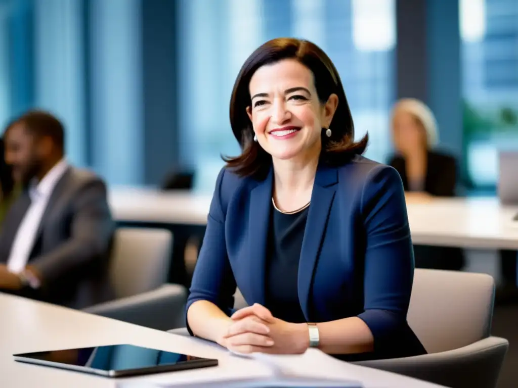 En la imagen, Sheryl Sandberg lidera una conversación colaborativa en un moderno y luminoso espacio de oficina