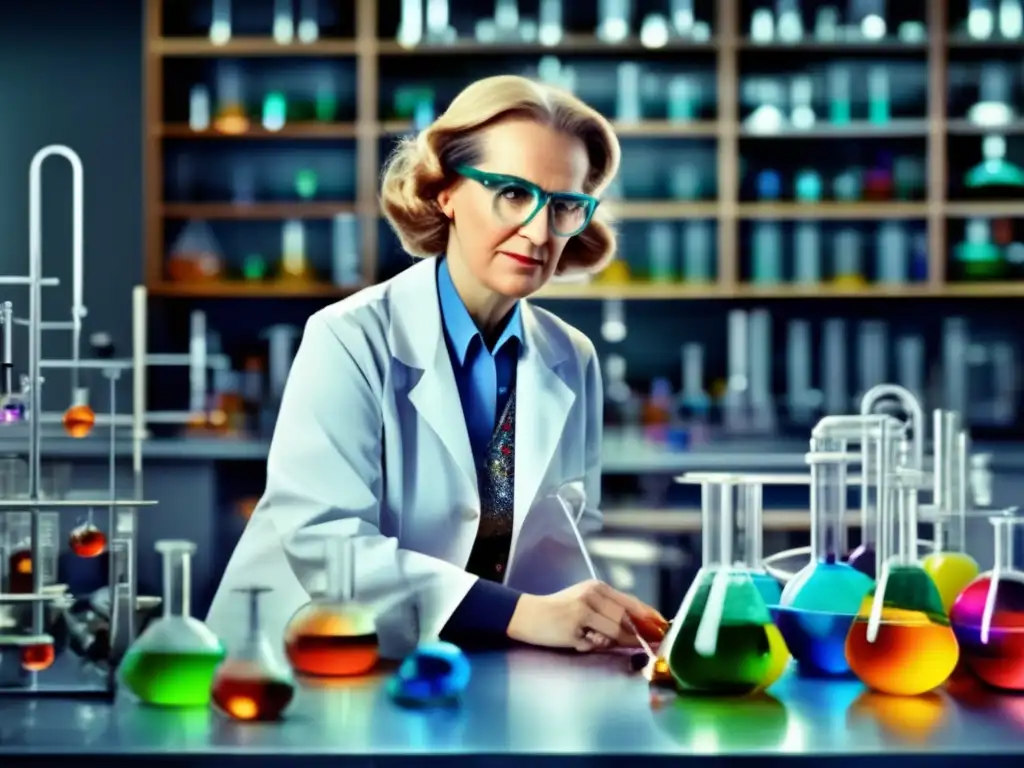 En la imagen, Dorothy Crowfoot Hodgkin realiza experimentos en su laboratorio, reflejando su importancia en la historia de la química