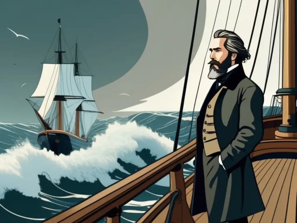 En la imagen, Herman Melville se encuentra en la cubierta de un barco ballenero, con el vasto océano detrás de él
