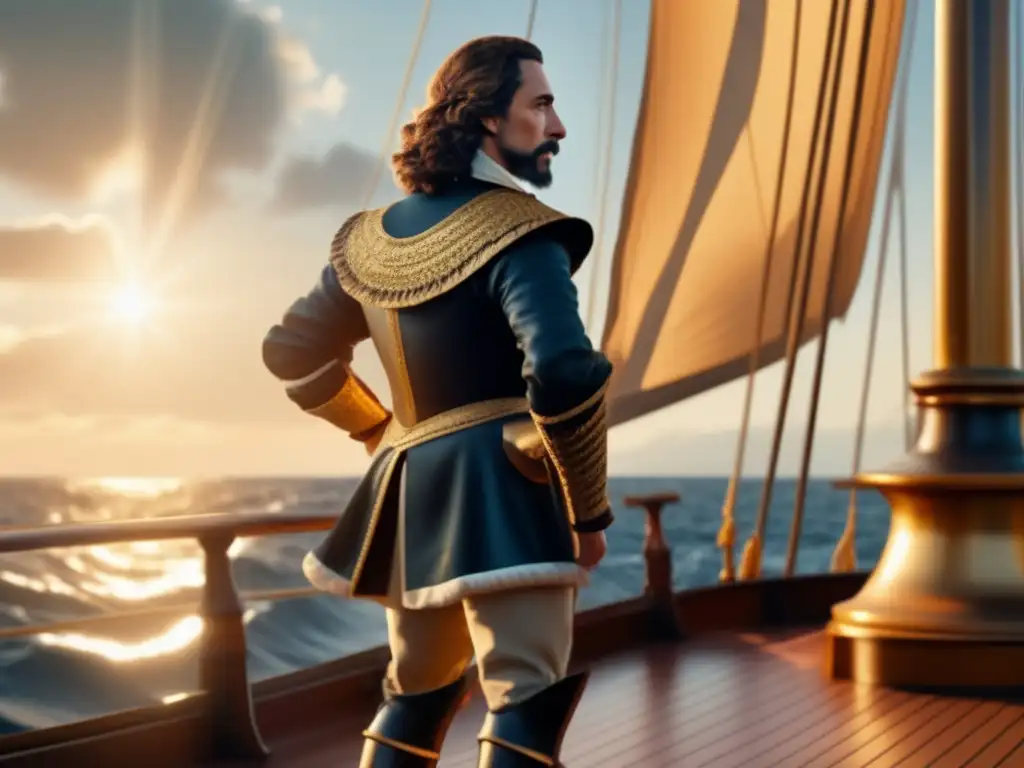 En la imagen, Samuel de Champlain se encuentra en la cubierta de un barco, mirando determinado hacia el vasto mar