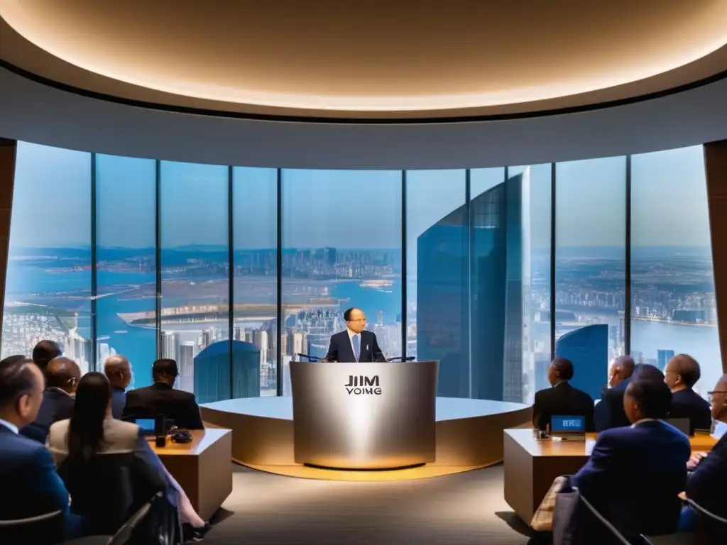La imagen muestra a Jim Yong Kim en una cumbre económica global, transmitiendo confianza y visión para el Banco Mundial