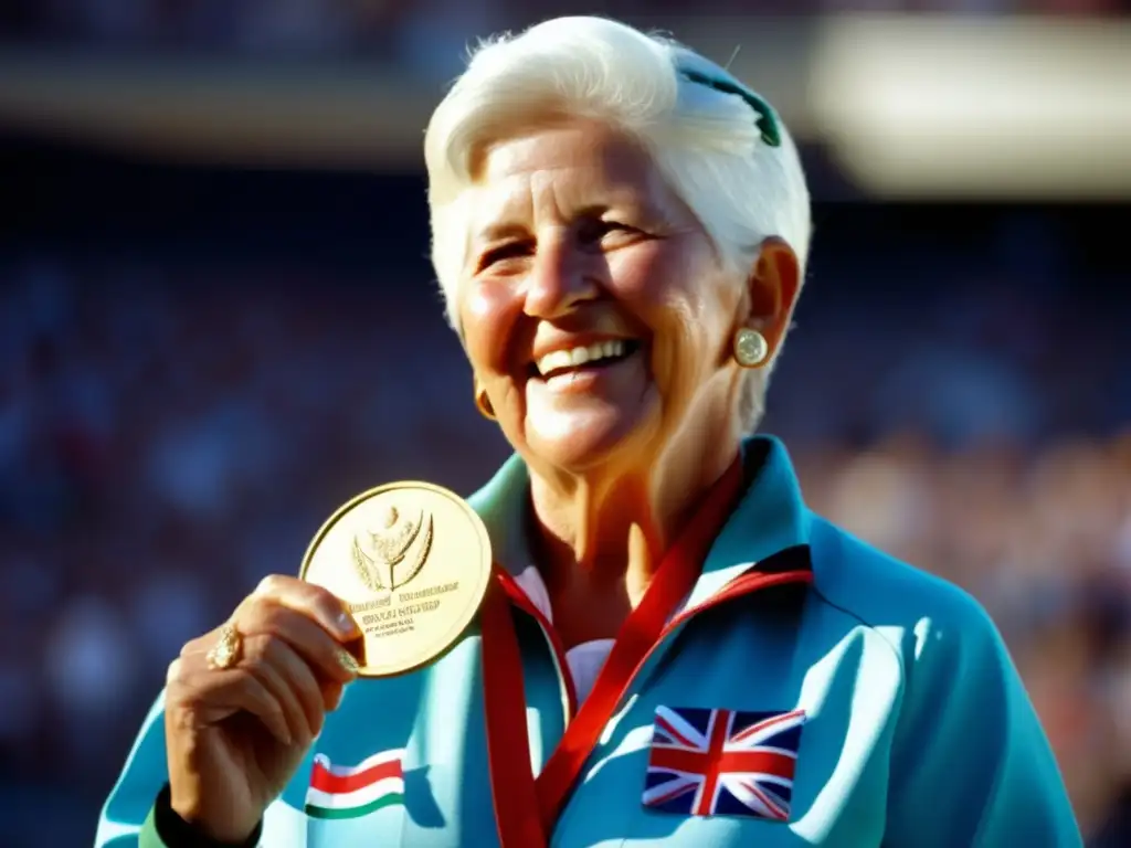 En la imagen, Dawn Fraser irradia orgullo y determinación en el podio olímpico, reflejando su legado olímpico