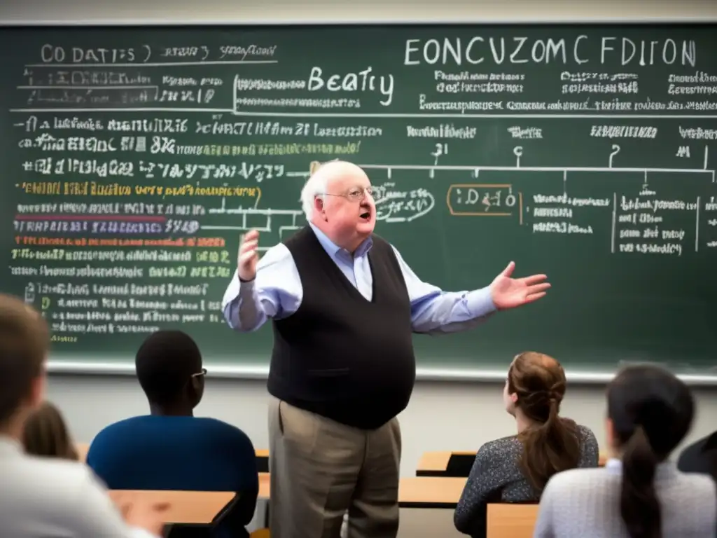 Una imagen de alta resolución de Angus Deaton explicando apasionadamente sus teorías económicas a estudiantes comprometidos