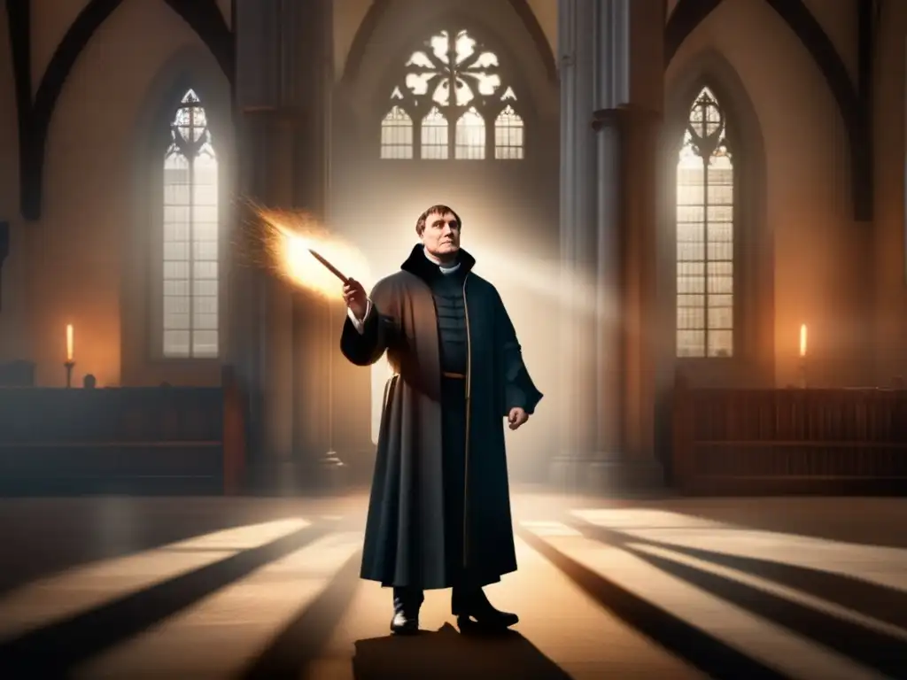 Martin Lutero desafiante: Renacimiento de la Reforma- La imagen muestra a Martin Lutero desafiante frente a la iglesia de Wittenberg, simbolizando la Revolución del Protestantismo