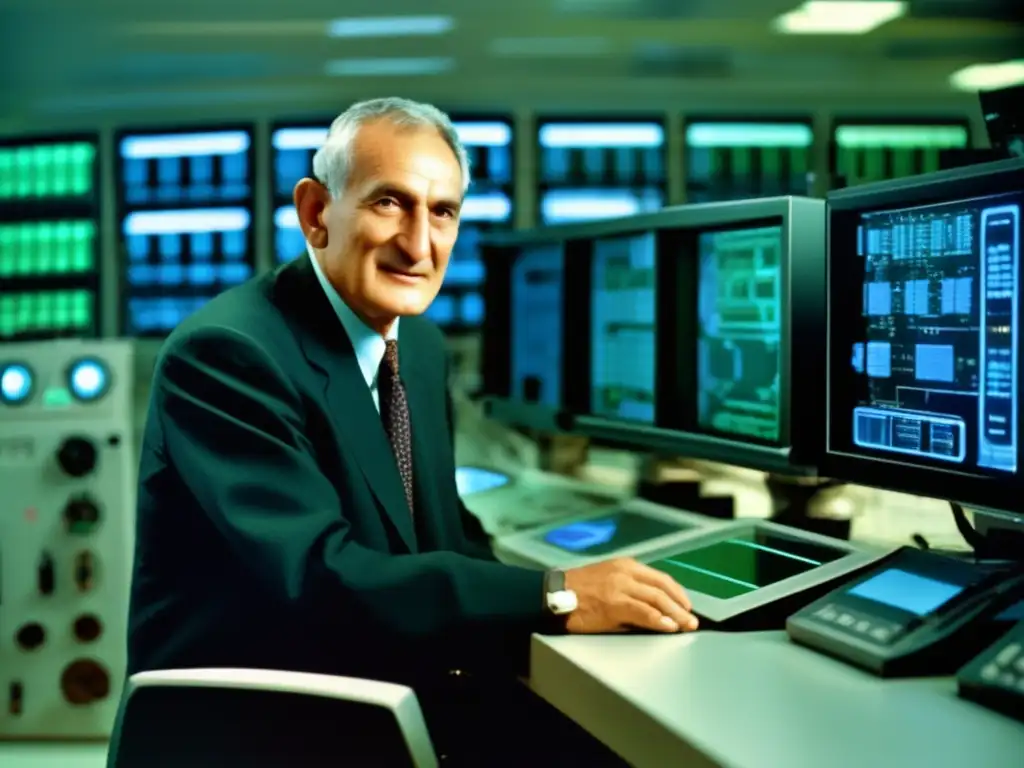 En la imagen, Robert Noyce supervisa el desarrollo del circuito integrado en un laboratorio moderno y tecnológico, reflejando su papel histórico en la innovación