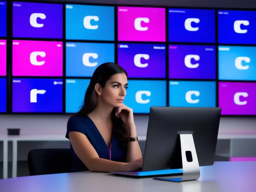 En la imagen, Caterina Fake trabaja en el desarrollo temprano de Flickr rodeada de pantallas con el icónico logo azul y rosa