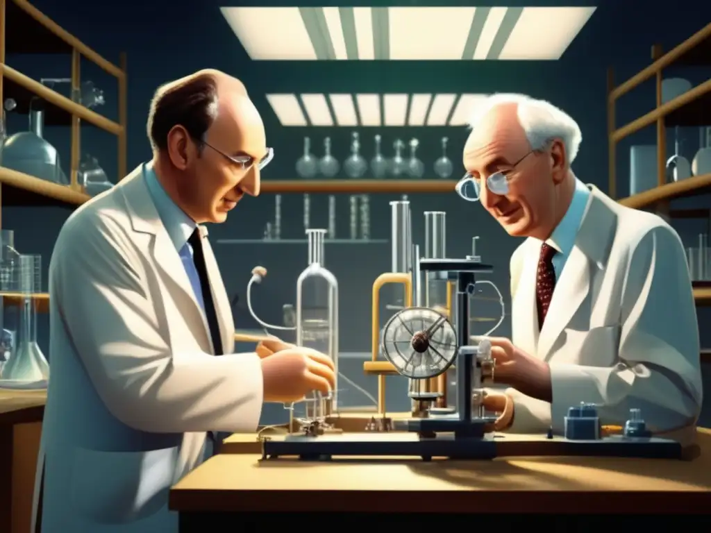 En la imagen se muestra el descubrimiento de la estructura del ADN por Watson y Crick en un laboratorio moderno y vibrante