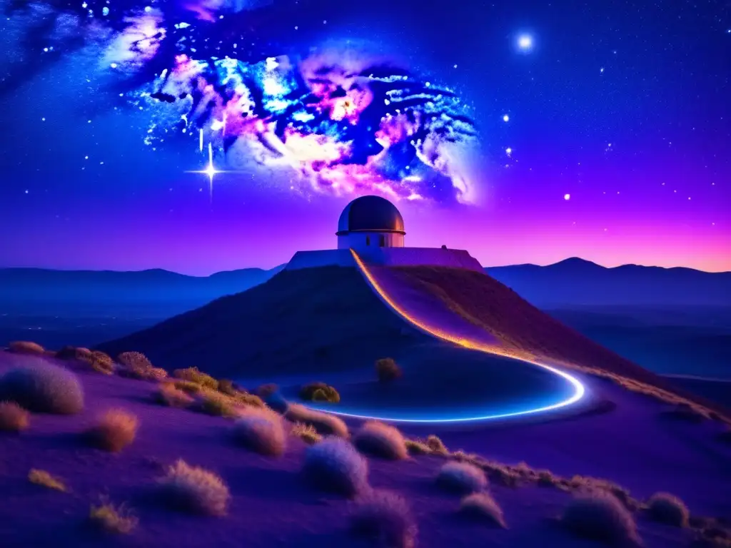Una imagen deslumbrante de la Vía Láctea, con colores vibrantes y un observatorio antiguo en primer plano
