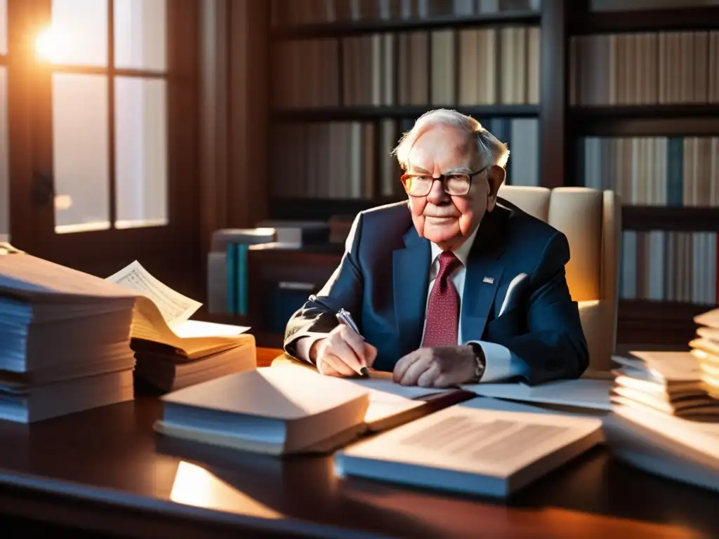 En la imagen, Warren Buffett reflexiona en su despacho, rodeado de informes financieros y libros de inversión