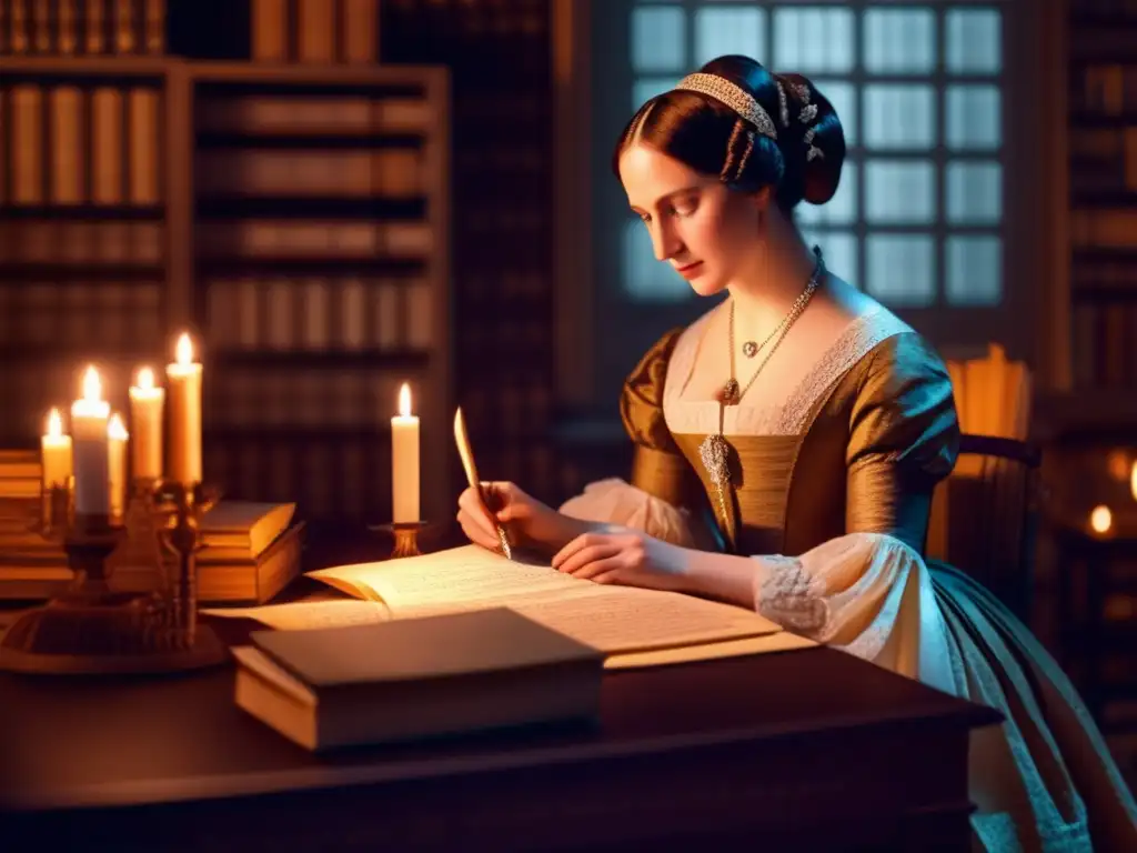 Una imagen 8K detallada de Ada Lovelace en su escritorio, rodeada de papeles y ecuaciones