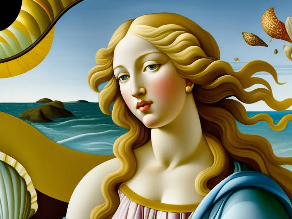 Una imagen detallada en alta resolución de 'El nacimiento de Venus' de Sandro Botticelli, destacando la elegancia atemporal y la influencia de Botticelli en el Renacimiento Florentino en la pintura