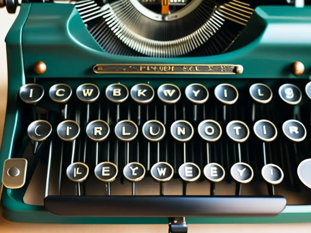 Una imagen detallada de una antigua máquina de escribir, con sus teclas y mecanismos visibles en una impresionante claridad