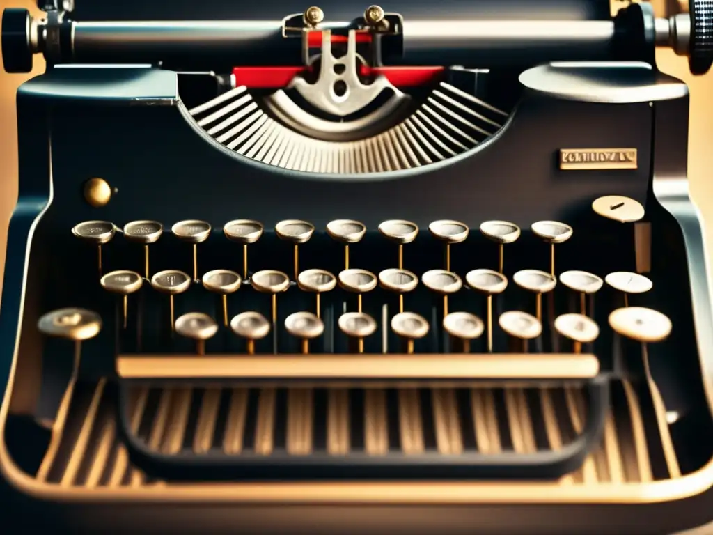 Una imagen detallada de una antigua máquina de escribir, con un ambiente cálido y sombras dramáticas