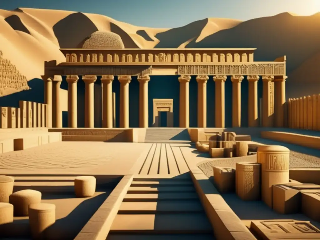 Imagen 8k detallada de las antiguas ruinas de Persepolis, con intrincados grabados en las paredes de piedra y altas columnas