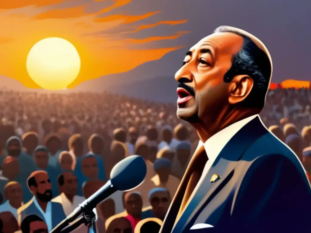 Una imagen detallada de Anwar el Sadat entregando un apasionado discurso, con el sol poniéndose detrás de él