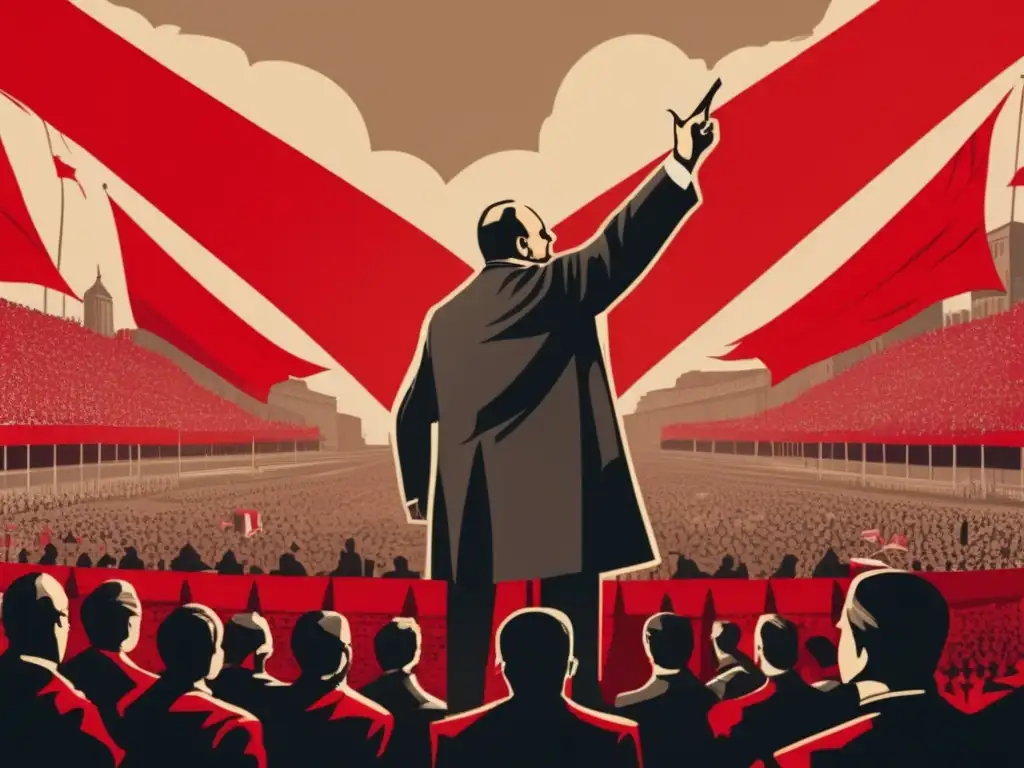 Una imagen detallada de Vladimir Lenin dando un apasionado discurso frente a una multitud, con banderas rojas ondeando al fondo