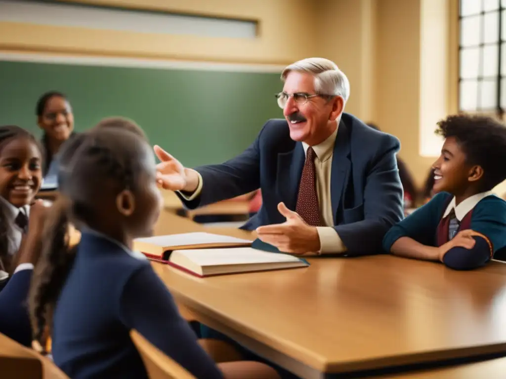 Una imagen 8k detallada de John Dewey en un aula, rodeado de estudiantes discutiendo su filosofía pragmática de educación