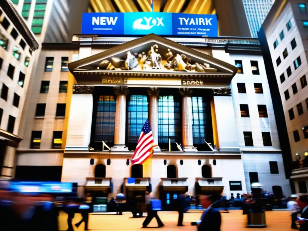 Una imagen detallada de la Bolsa de Nueva York, con el bullicio de traders en el piso y la icónica fachada de fondo