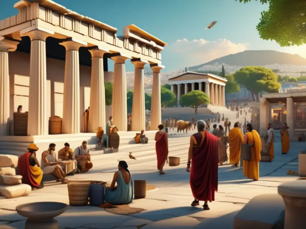 Una imagen 8k detallada muestra la bulliciosa Ágora ateniense durante la reforma de Cleisthenes, exudando historia y democracia