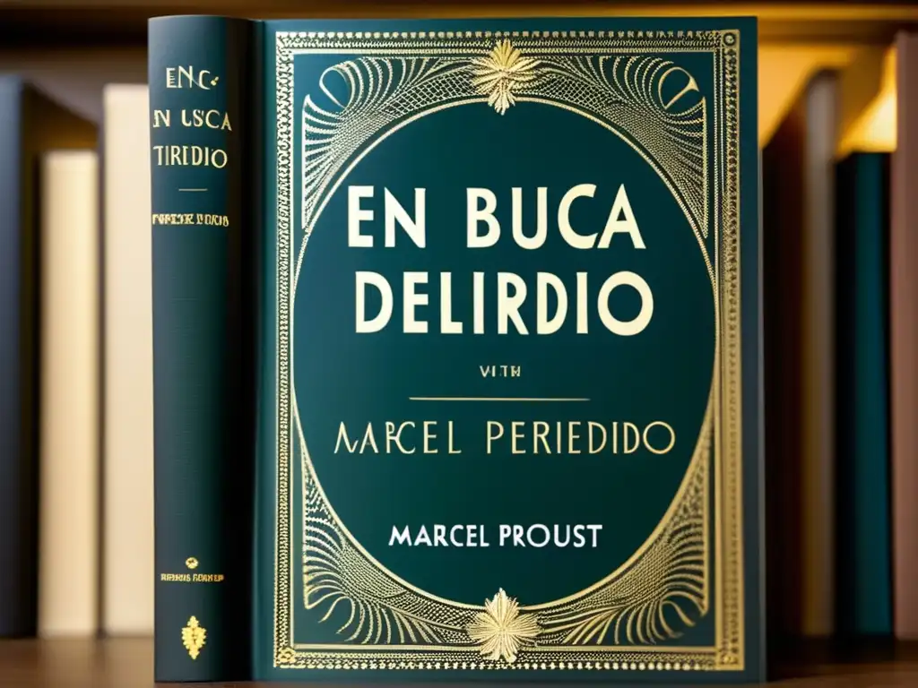 Una imagen detallada de 'En Busca del Tiempo Perdido' de Marcel Proust, con textura de las páginas y juego de luces