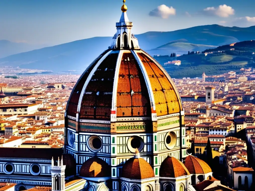 Una imagen detallada de la cúpula icónica de la Catedral de Florencia, destacando la innovadora arquitectura renacentista de Filippo Brunelleschi
