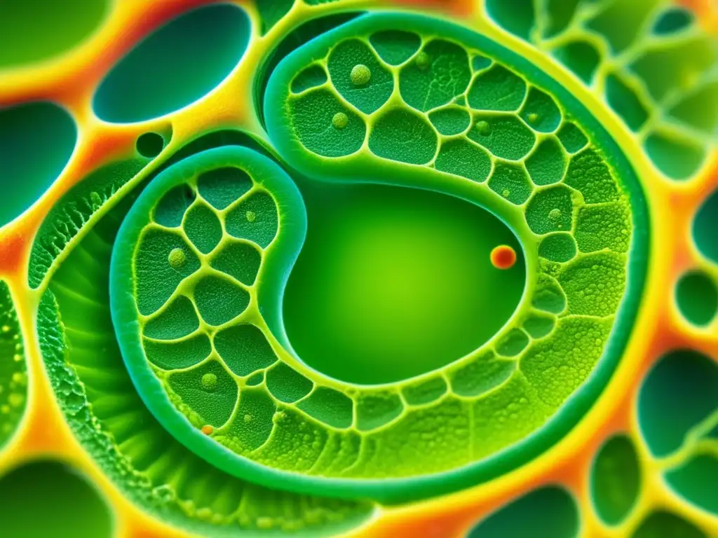 Una imagen detallada de células vegetales revela la compleja estructura de las paredes celulares, citoplasma y cloroplastos