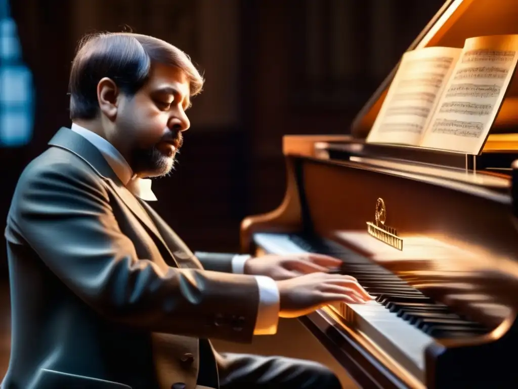 Una imagen detallada de Claude Debussy al piano, en un ambiente íntimo y tenue