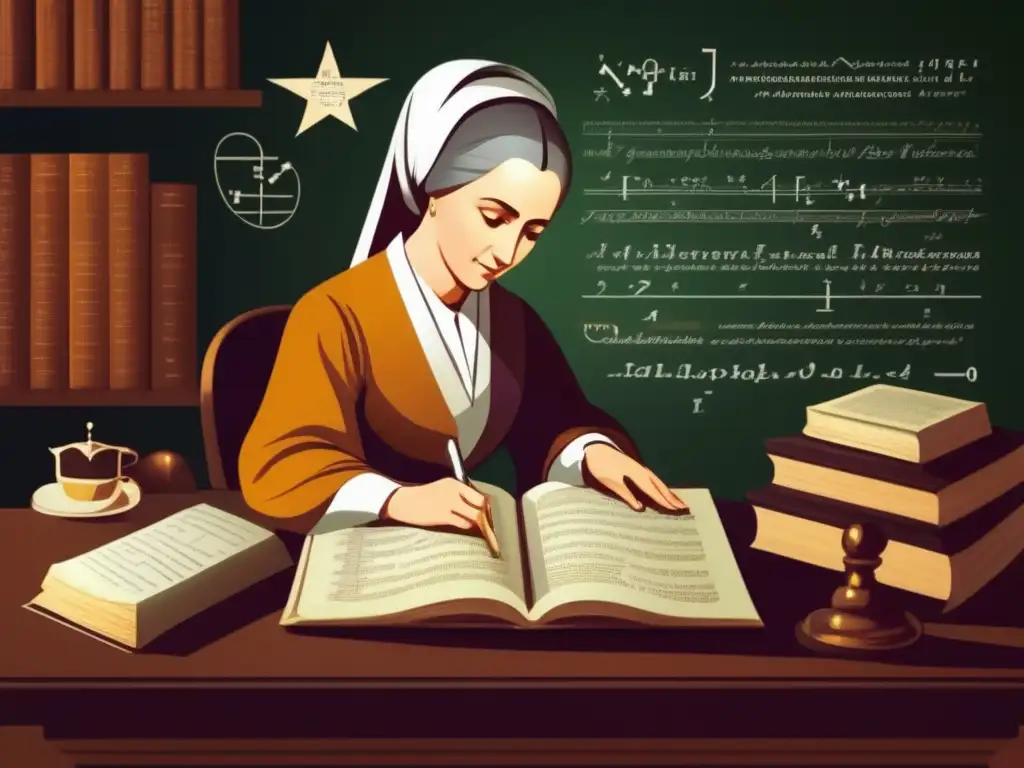 Una imagen detallada y colorida de María Gaetana Agnesi inmersa en sus estudios matemáticos y religiosos, reflejando su vida y obra