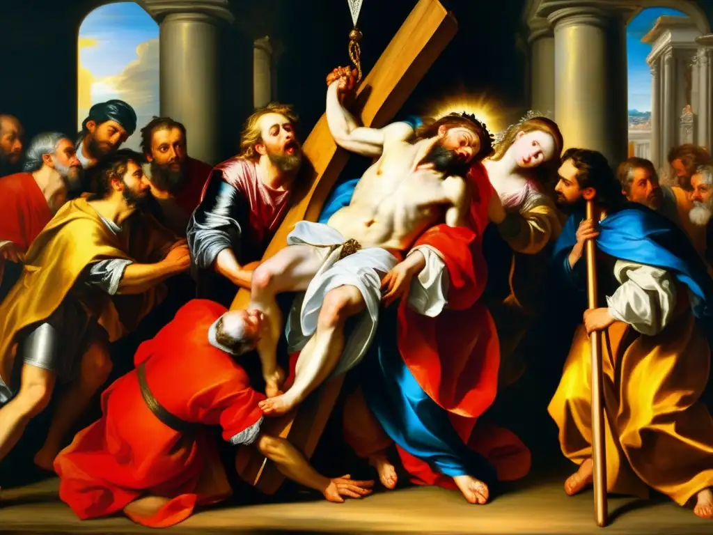 Una imagen detallada de 'El Descendimiento de la Cruz' de Peter Paul Rubens, capturando la dinámica y pasión de la pintura barroca