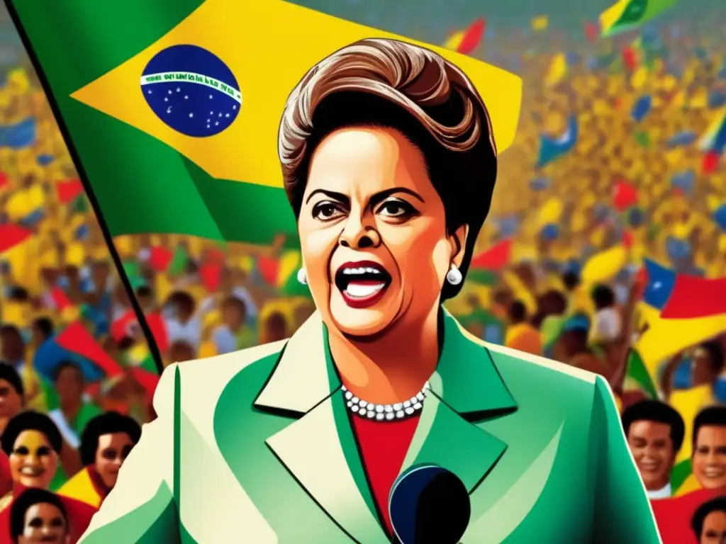 Una imagen detallada de Dilma Rousseff dando un poderoso discurso frente a una multitud, con la bandera de Brasil de fondo
