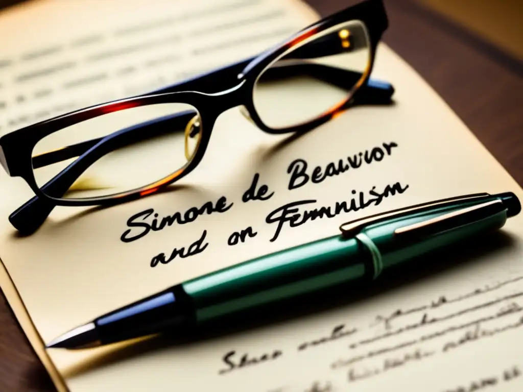 Una imagen detallada y emotiva del legado de Simone de Beauvoir, con sus notas manuscritas, pluma y gafas, en un escenario de escritorio moderno y minimalista