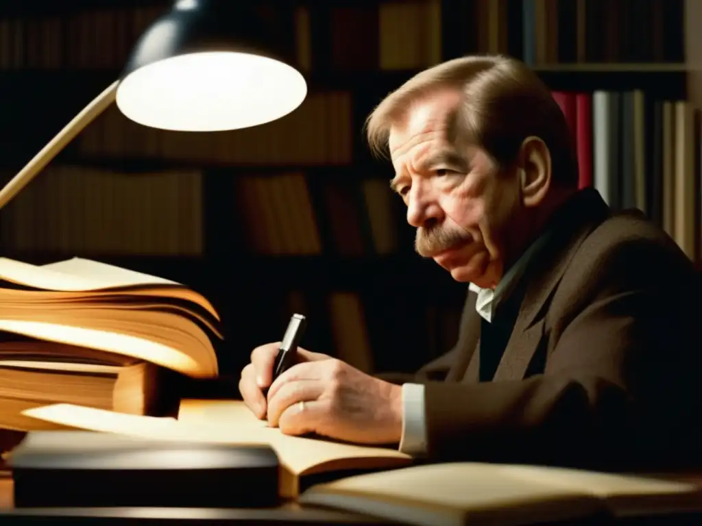 Una imagen detallada y emotiva de Vaclav Havel, líder checoslovaco, en un momento de profunda contemplación en su estudio