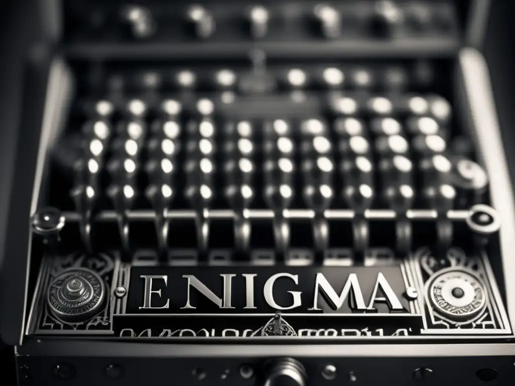 Una imagen detallada en escala de grises de la máquina Enigma, con sus intrincados componentes mecánicos y letras grabadas en los rotores, resaltados por dramáticas luces y sombras