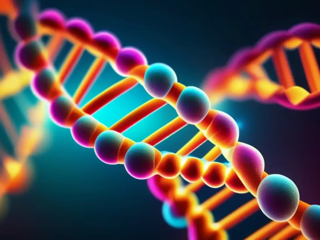 Una imagen detallada de la estructura de doble hélice del ADN, con colores vibrantes y brillantes que representan las bases nucleótidas