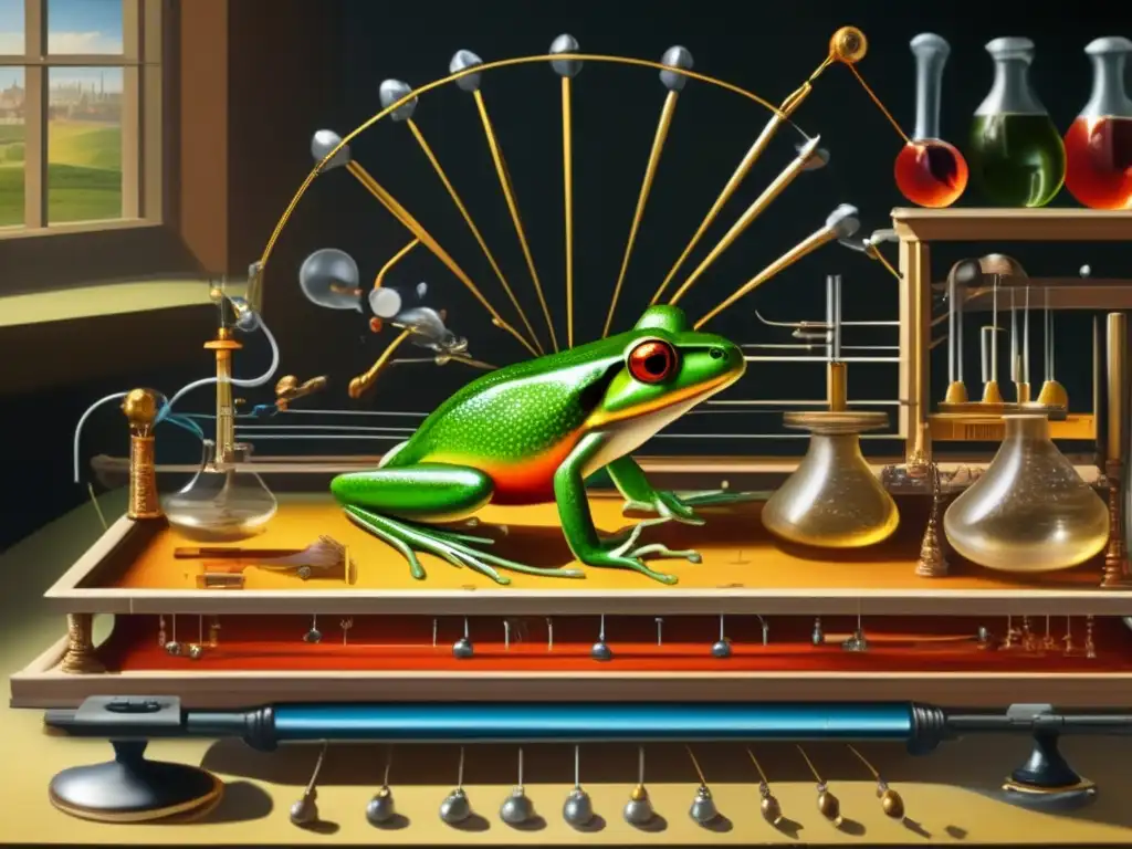 Una imagen detallada de los experimentos bioeléctricos de Luigi Galvani, con patas de rana, instrumentos metálicos y chispas eléctricas